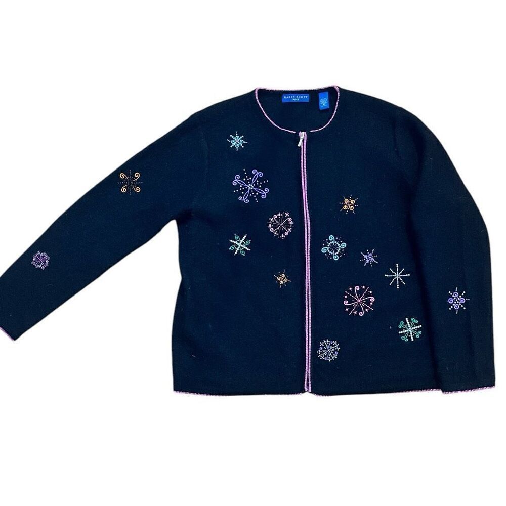 Karen Scott 100% Wool Snowflake Embroidered Full Zip Long Sleeve Sweater Sz M Gr